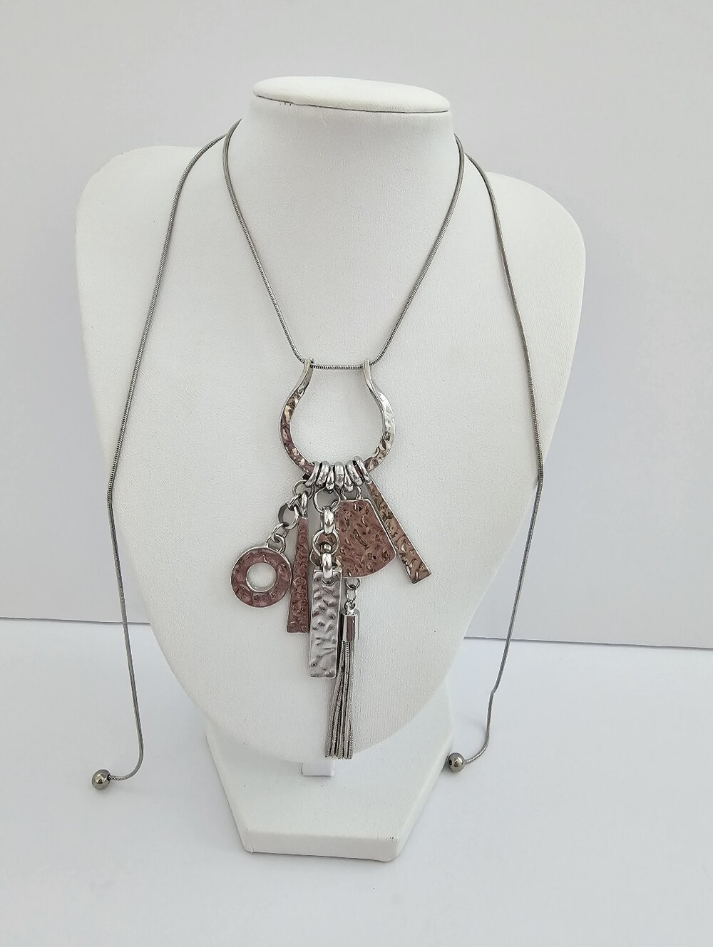 Mixed Metal Hammered Geometric Charm & Tassel Adjustable Long Pendant Necklace